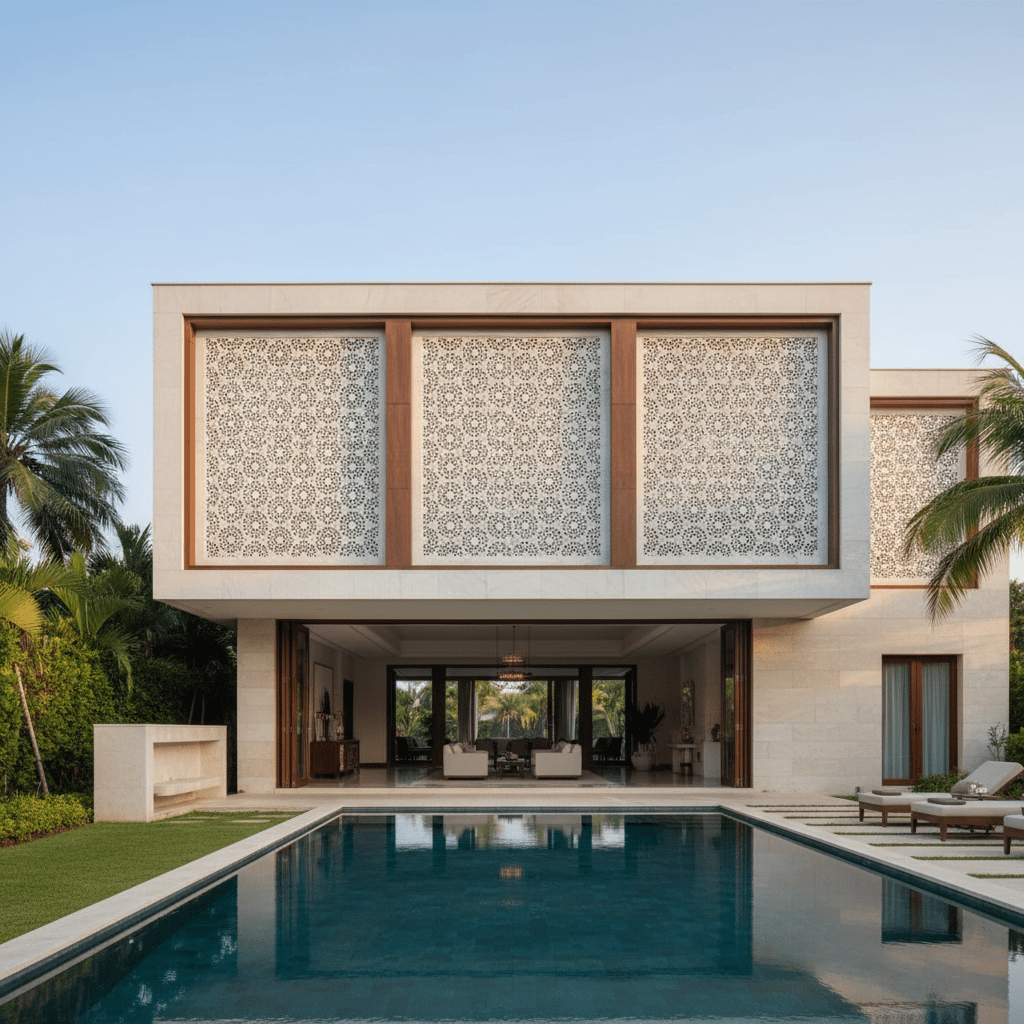 Traditional marble jali panel with fine latticework and symmetrical stone carving