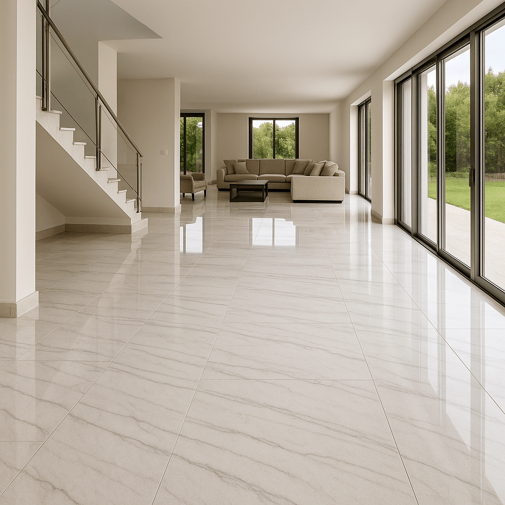 Close-up of Doongri marble tiles showing grey linear veins and smooth polished surface.