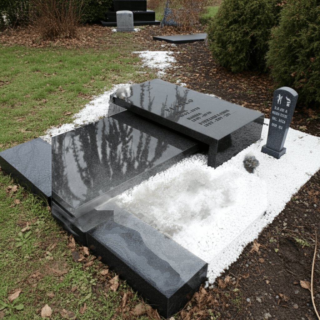 Beautiful custom-designed Christian memorial monument made from black granite with engraved cross and smooth finish.