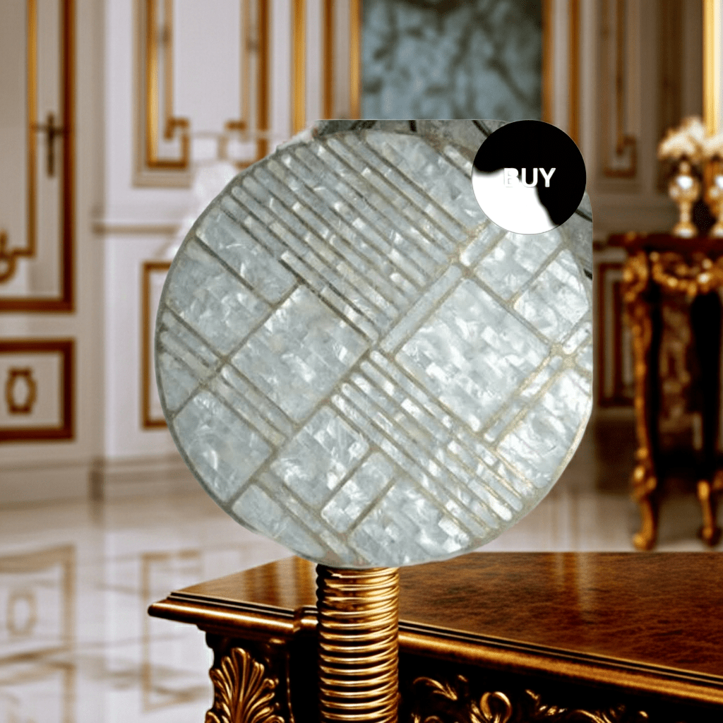 Close-up of a handcrafted Mother of Pearl inlay top featuring floral and geometric designs in a polished finish.
