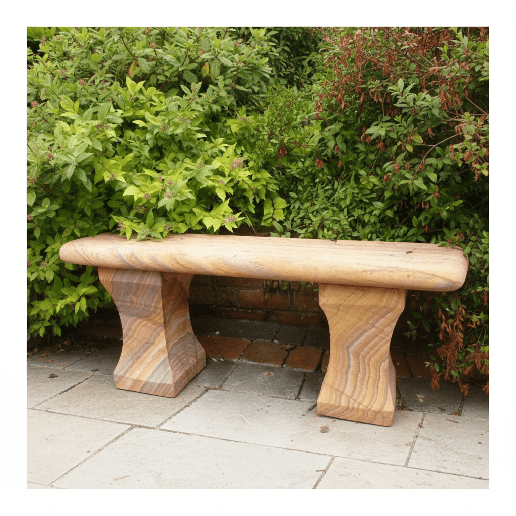 Natural rainbow sandstone garden bench placed on a paved patio with a modern villa and lush greenery in the background.