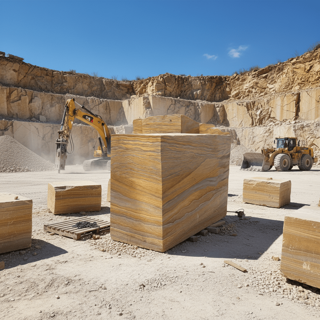 Stacked rainbow sandstone blocks in a factory yard, prepared for cutting and processing.