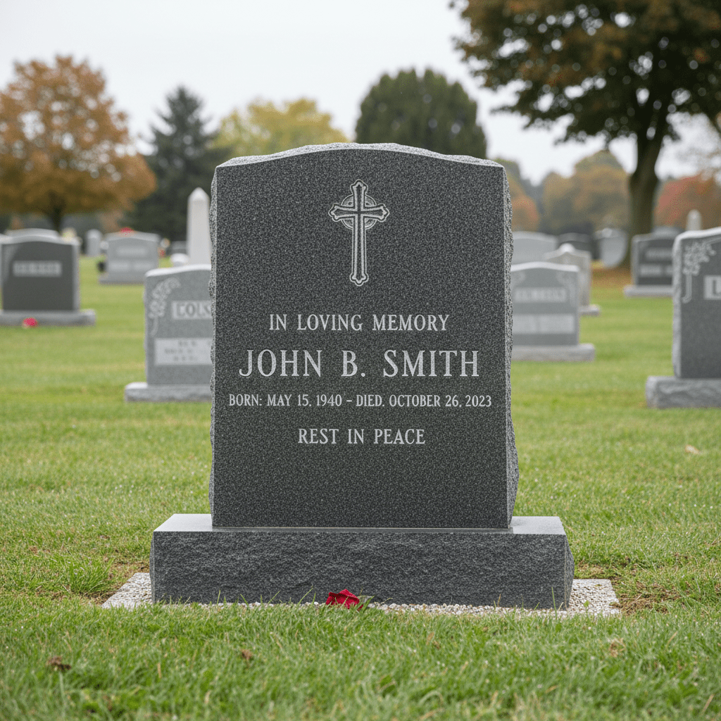 Elegant black granite monument featuring a carved Christian cross, standing on a polished base in a memorial setting.