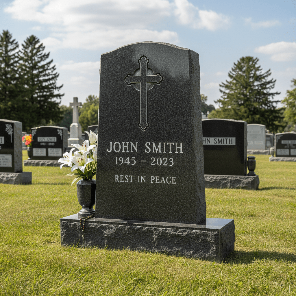 Polished black granite headstone with Christian cross engraving, designed as a lasting religious memorial.