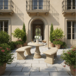 Premium Khatu stone table set installed on a villa terrace with scenic background.