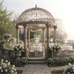 Pink sandstone gazebo surrounded by green garden landscape under sunlight.