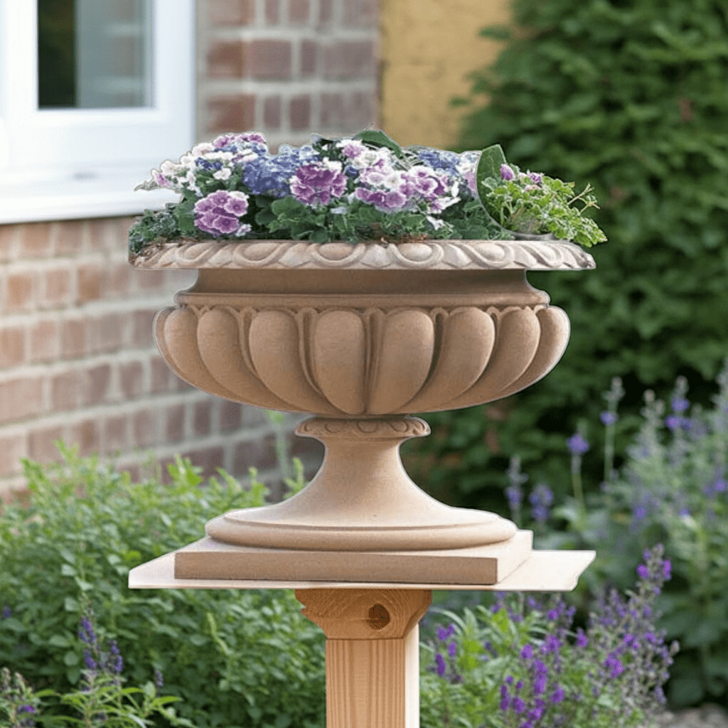 Modern rectangular pink sandstone planter used in contemporary architectural landscape design.