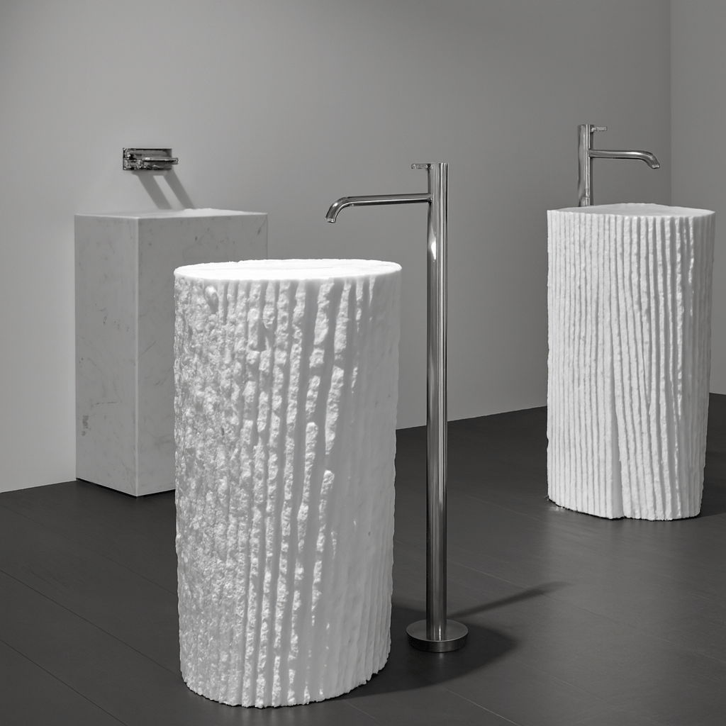 Smooth rectangular-round white marble vanity with subtle veining and wall-mounted chrome faucet in a minimalist bathroom environment