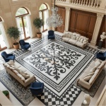 Top-view image of marble flooring with black-white checkered design and multi-layered inlay border work | Checkered Marble Inlay