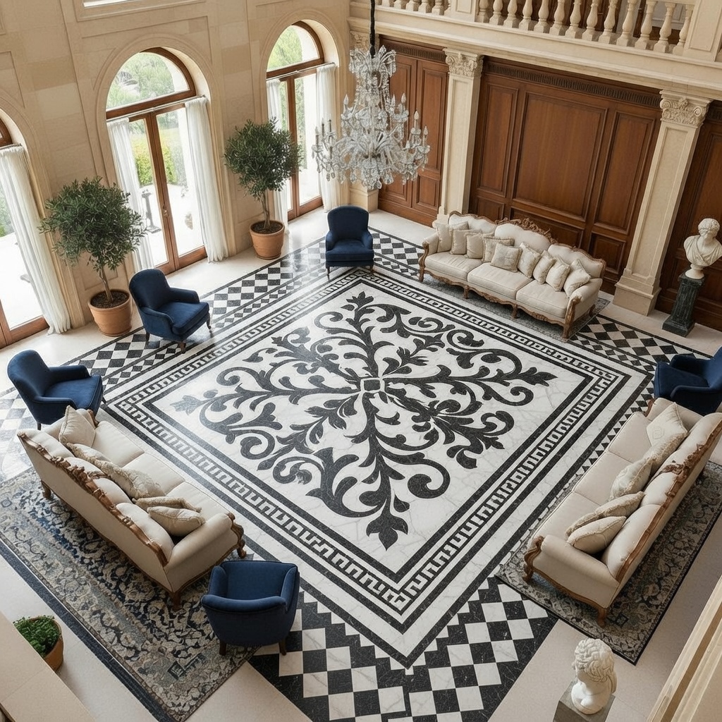 Top-view image of marble flooring with black-white checkered design and multi-layered inlay border work | Checkered Marble Inlay