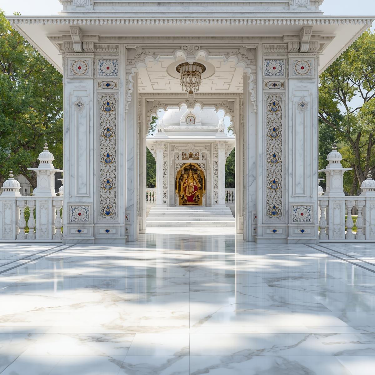 Temple inlay expert showcasing semi precious stone marble inlay work on temple entrance pillar
