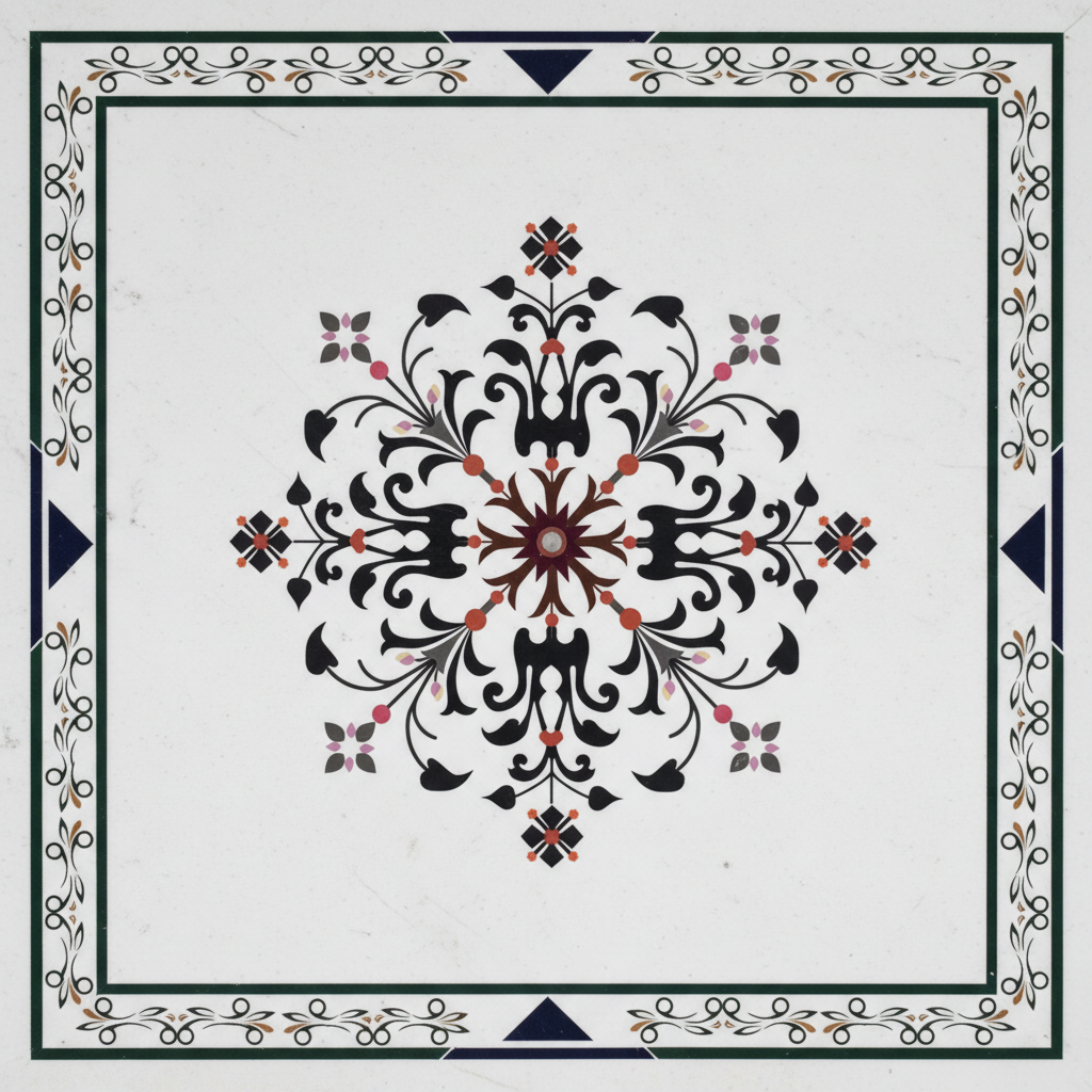 Square white Makrana marble floor panel with a detailed floral and geometric inlay medallion in black, dark red, pink, and green stones, framed by a scrolling border | Inlay work contractor for temple