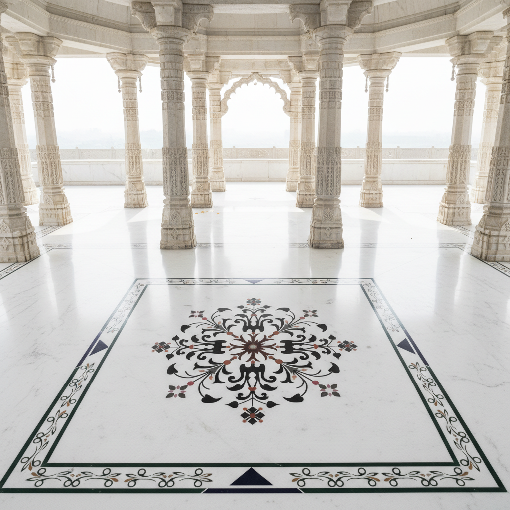 Large, polished white marble flooring in a temple hall featuring an intricate central medallion and border pattern with colorful stone inlay work.