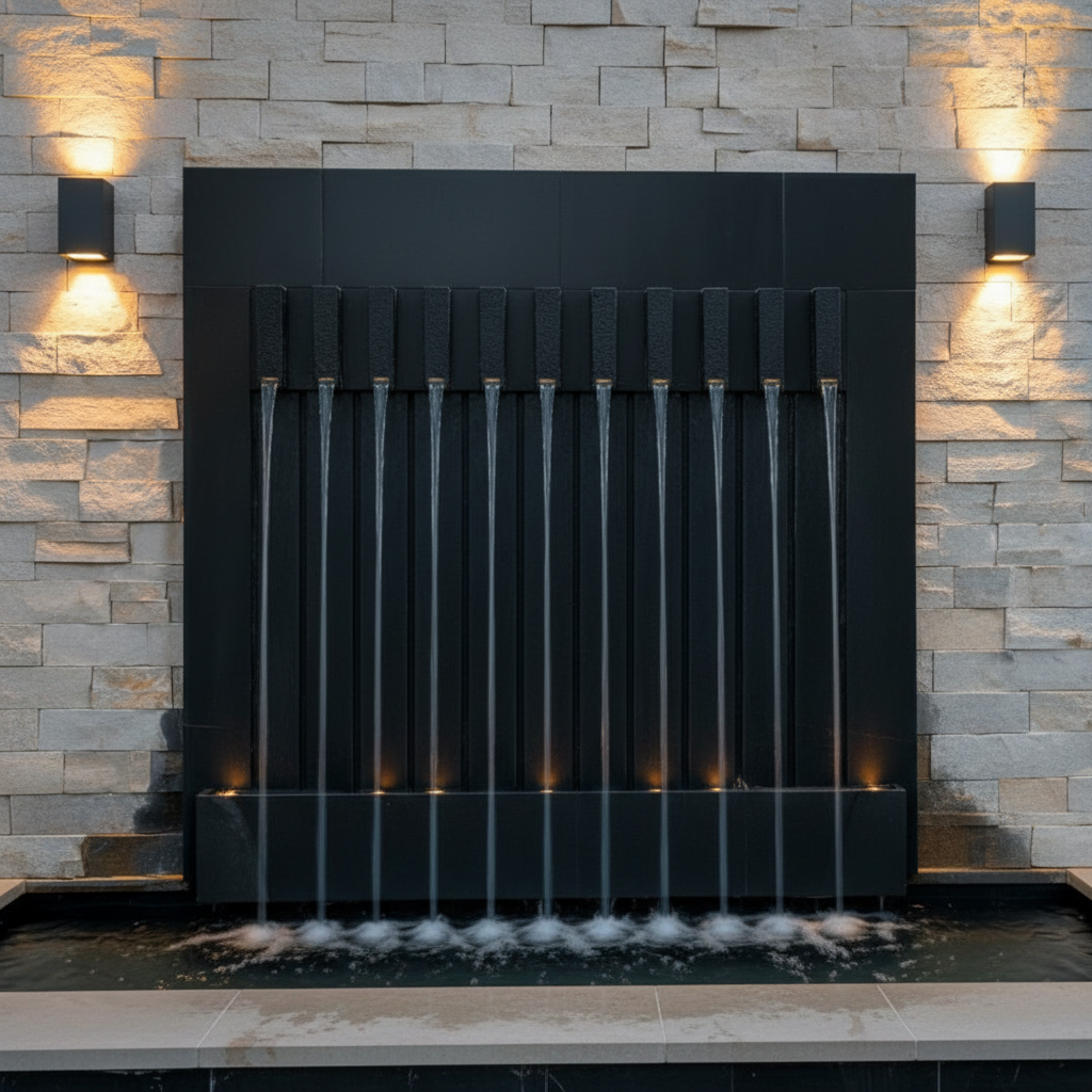 Close-up detail of clear water cascading smoothly from geometric rectangular spouts mounted on a honed, dark Bhainslana black marble wall fountain.