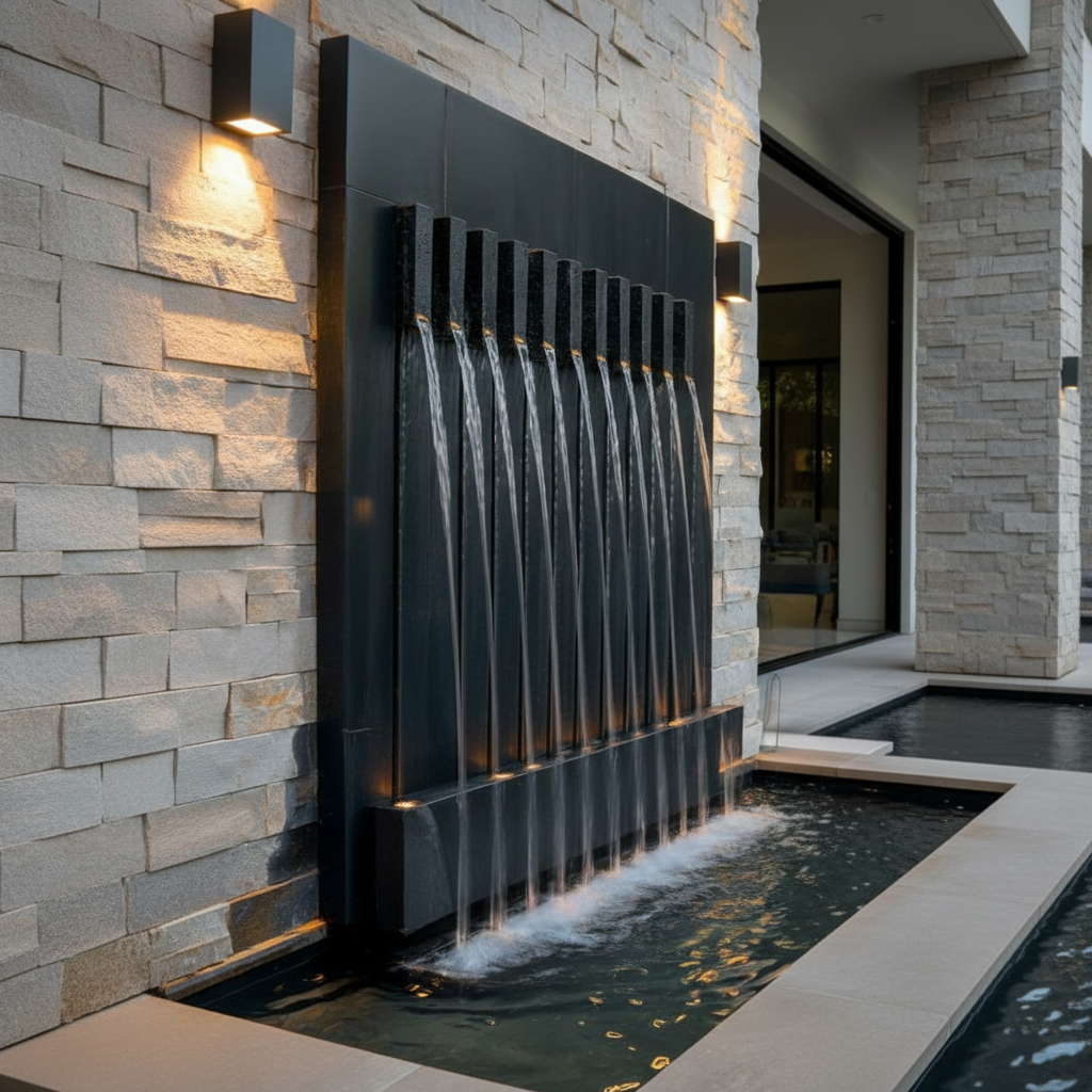 A modern luxury black marble wall fountain illuminated at night by warm underwater LED lights, highlighting the vertical water streams falling into the rectangular lower basin.